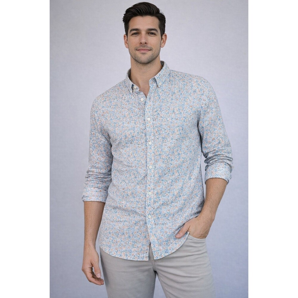 GAP Men’s Floral Button Down Shirt Blue Orange Print Long Sleeve Casual Size XL